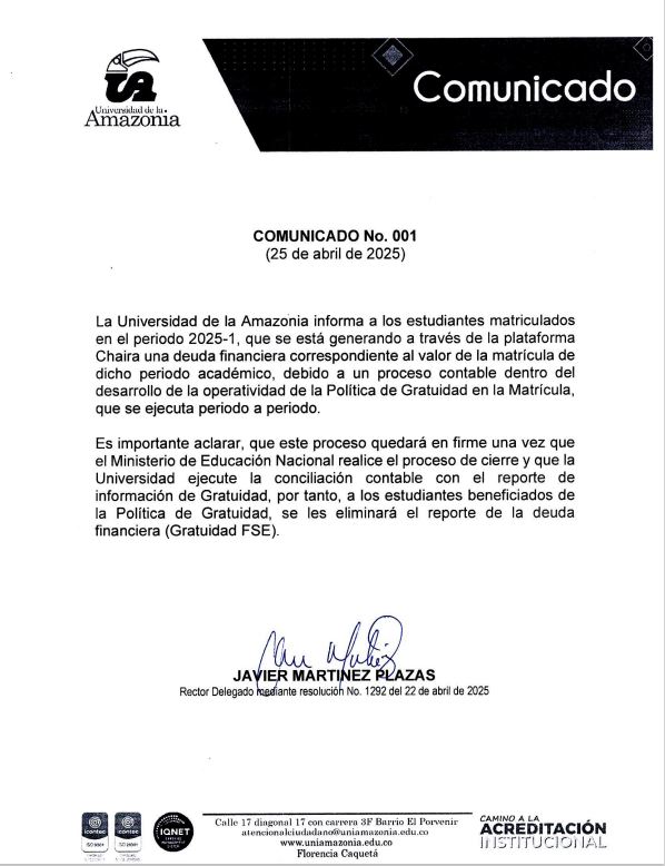 Comunicado No. 001 Rectoría - Universidad de la Amazonia